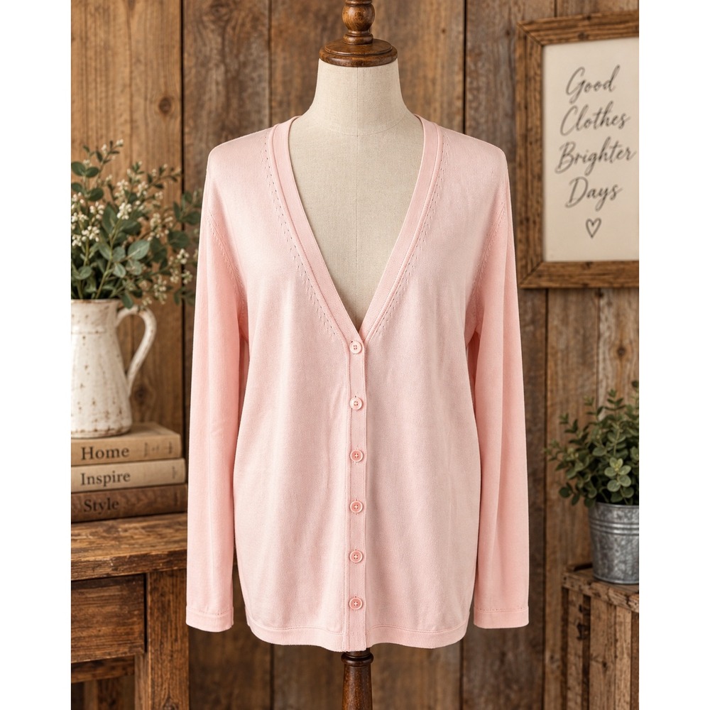 Talbots Pink Button Front Cardigan Sweater Ladies Large Cotton Rayon Preppy